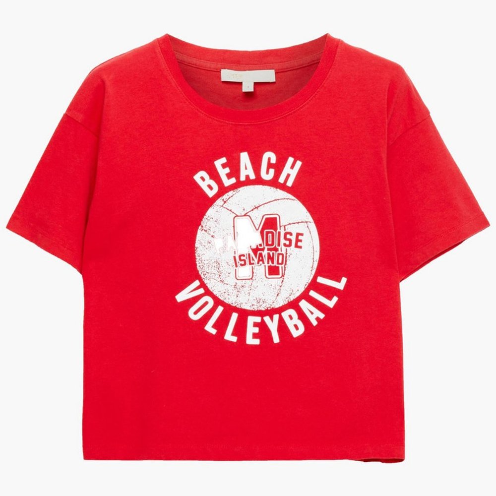 🏖️ Maje 🏖️ Red Beach Volleyball Graphic Crewneck Crop T-shirt Size 3(US Large)